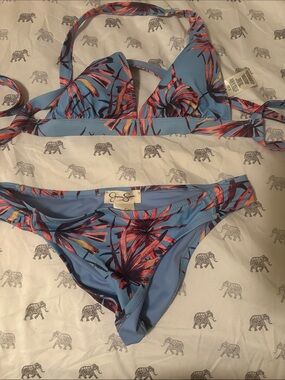 Jessica Simpson Blue Bikini Set with Pink Coral Floral Print